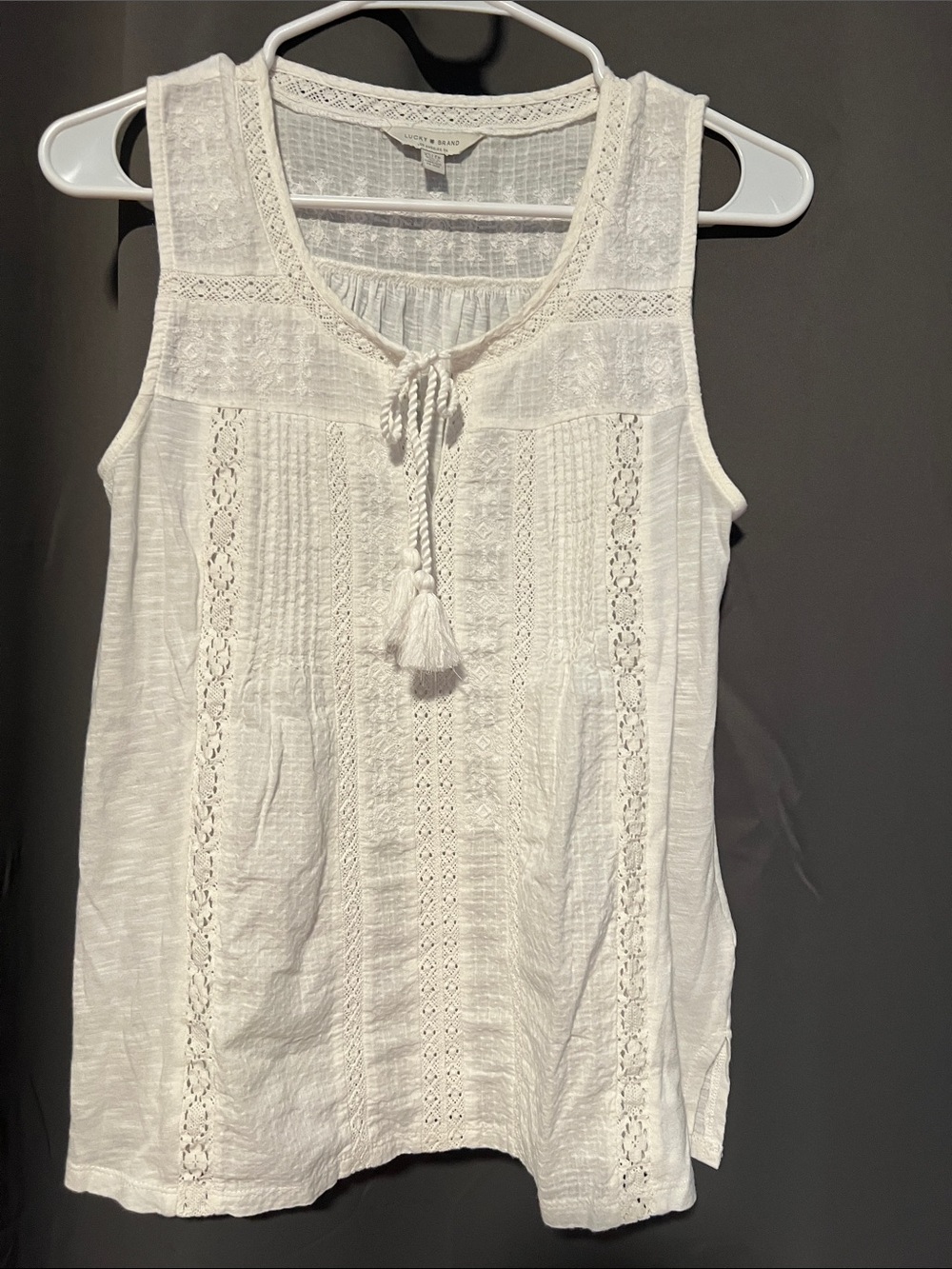 Lucky Brand White Lace-Trim Tassel V-Neck Camisole